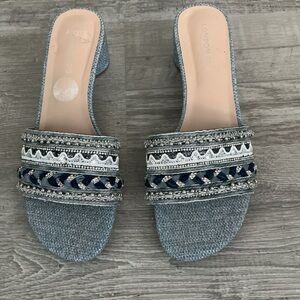 London Fog Rishi beaded and embellished denim mules